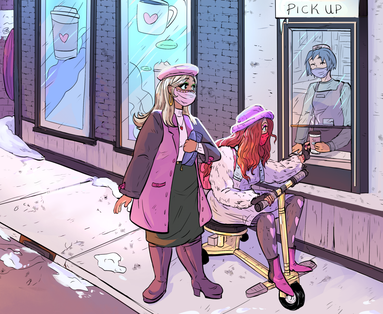A disabled person picking up a drink at a coffee window