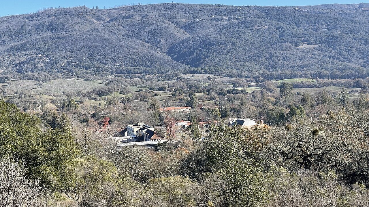 Hillside view of the former Sonoma Developmental Center campus among trees in Eldridge, California