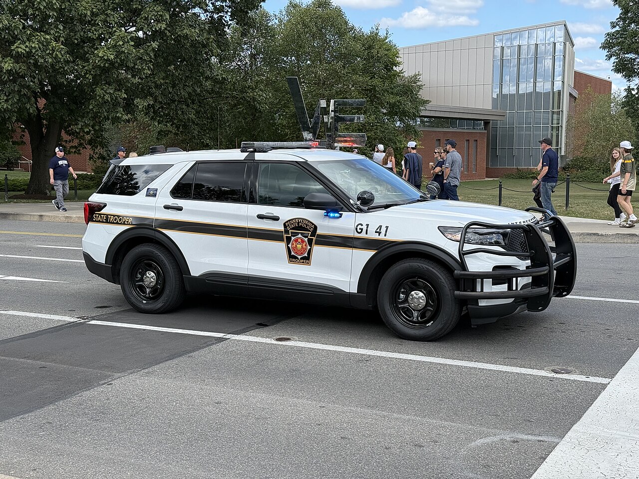 A Pennsylvania State Police trooper vehicle on patrol in Centre County
