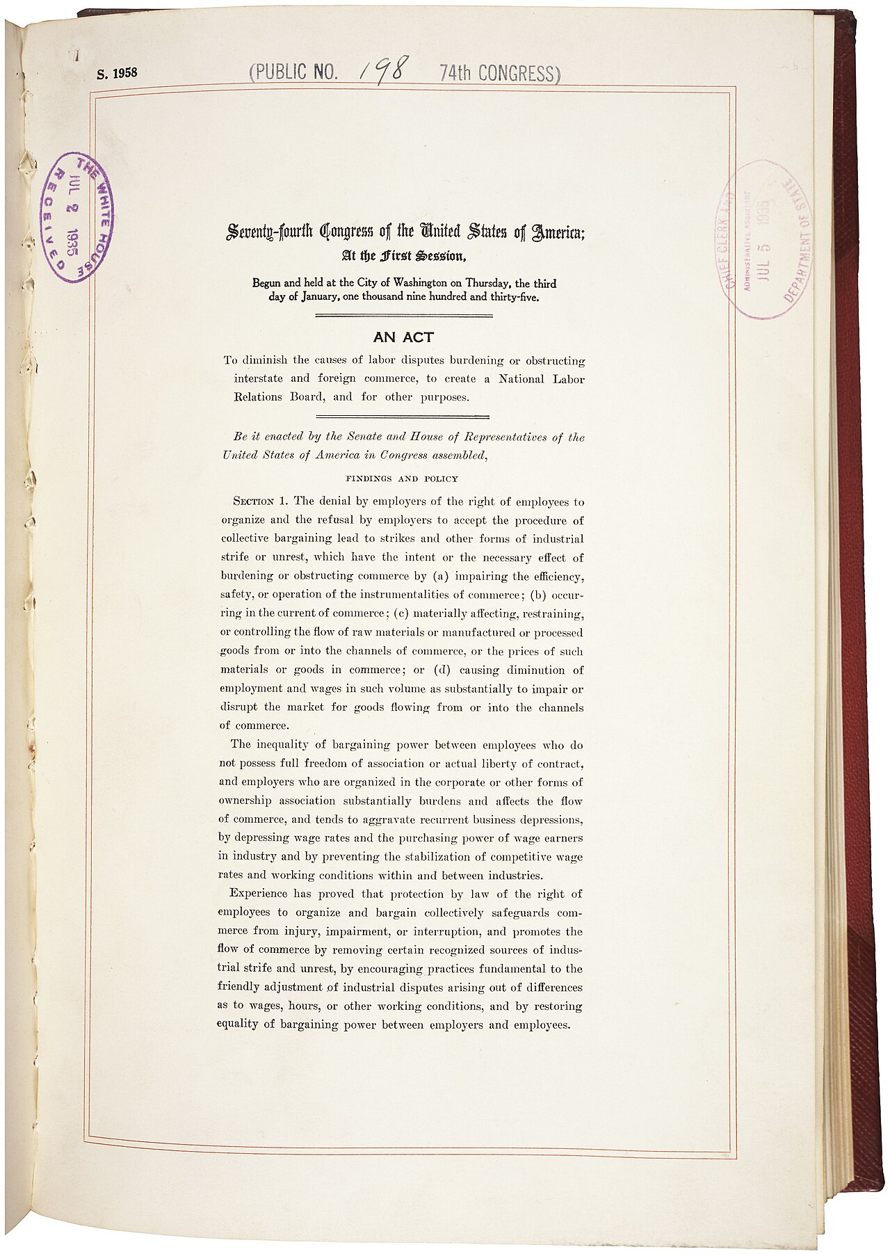 First page of the National Labor Relations Act of 1935, which created the National Labor Relations Board