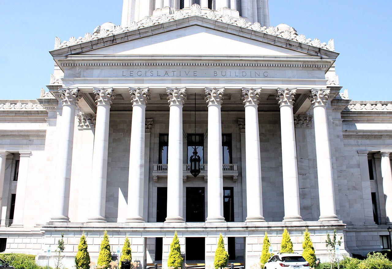 The columned entrance of the Legislative Building at the Washington State Capitol in Olympia