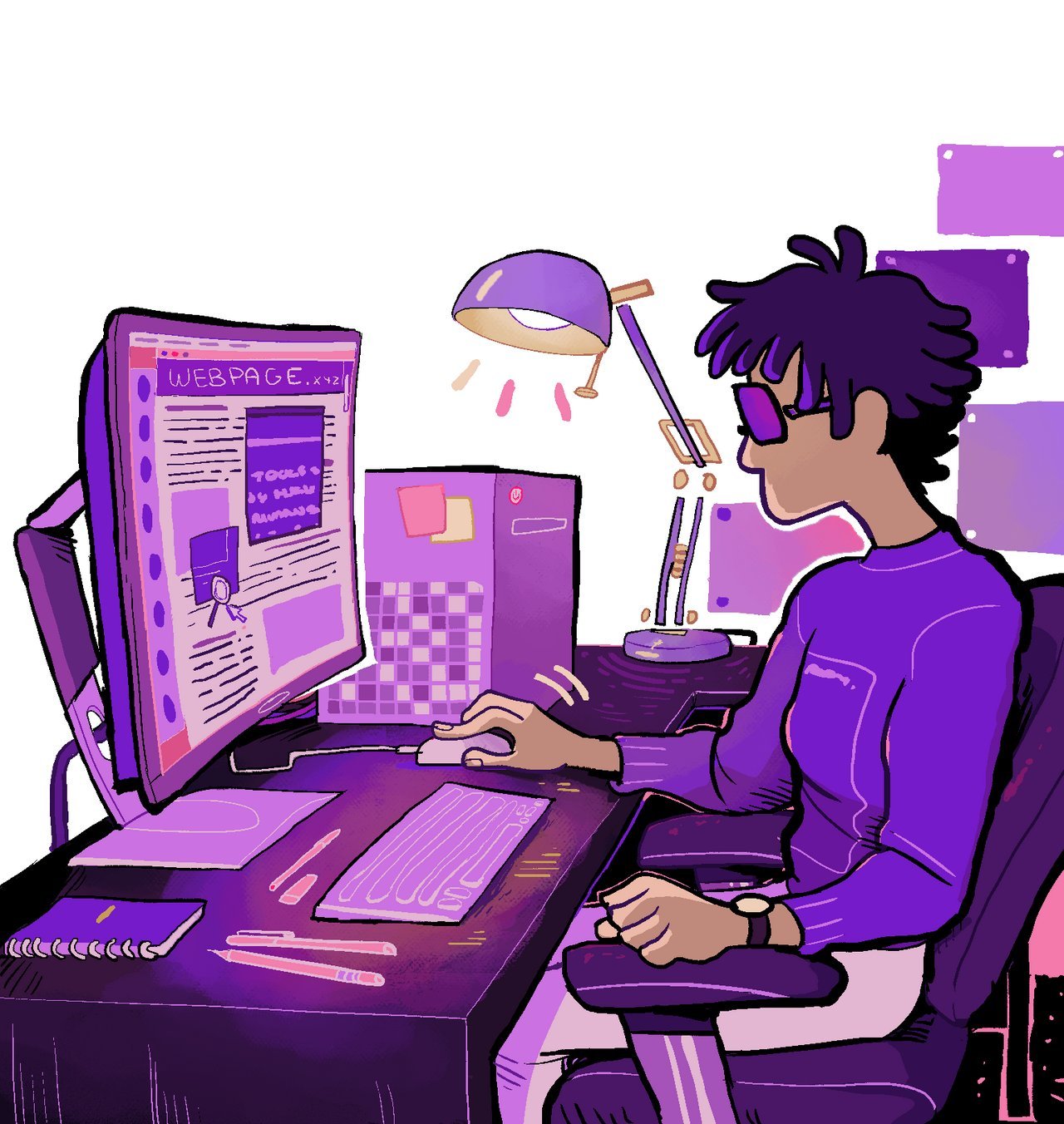Illustration of a person in glasses using a magnification app on a desktop computer