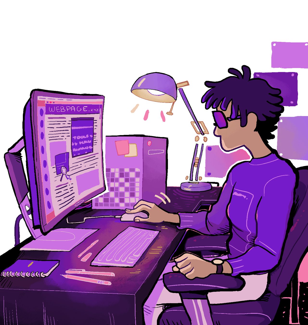 Illustration of a person with glasses reading a webpage on a large monitor