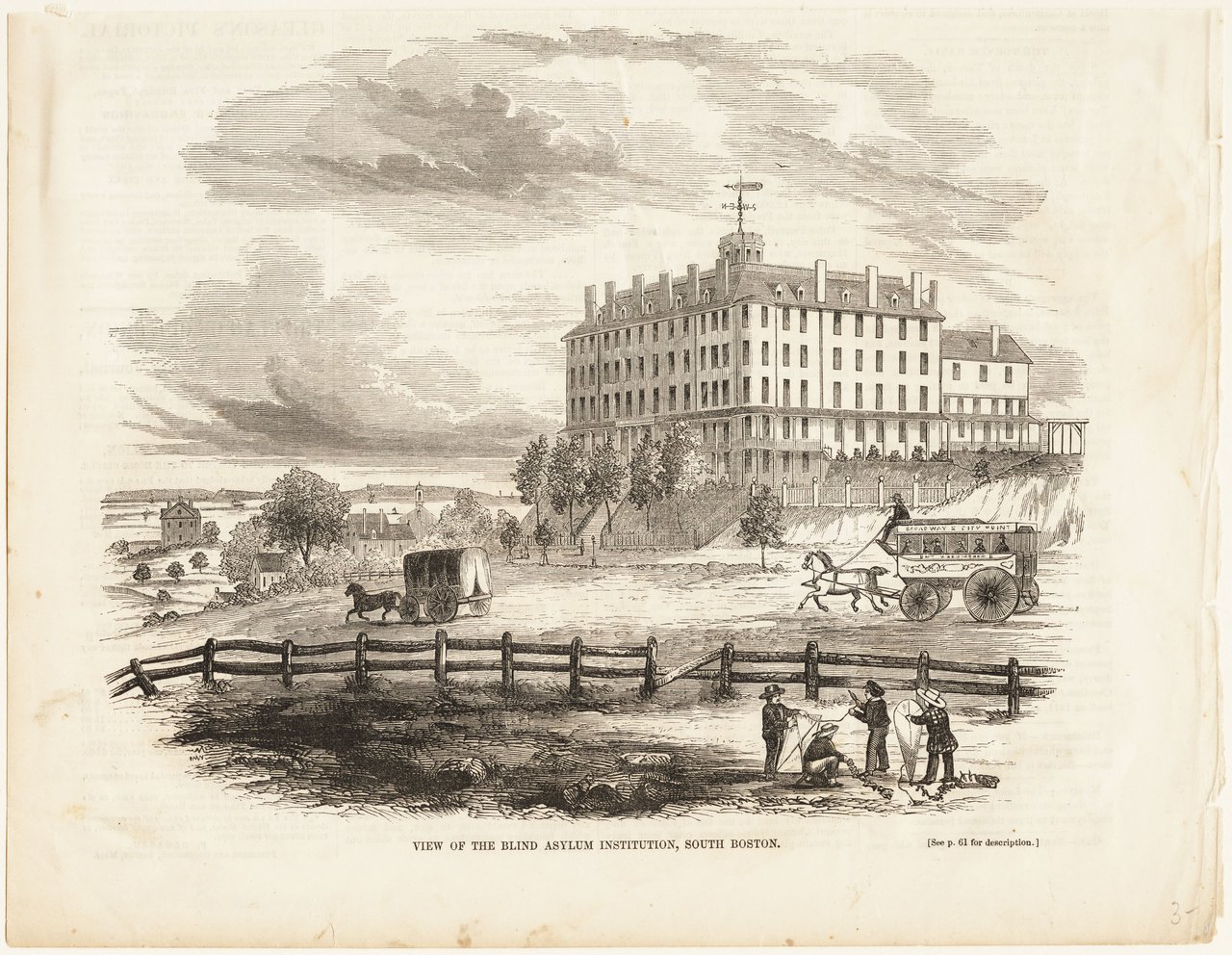 An 1850s engraving of the Perkins blind asylum building on a hill in South Boston