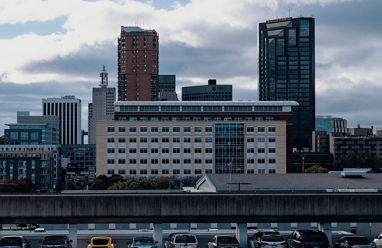 The Elmer L. Andersen Human Services Building, home of the Minnesota Department of Human Services, in the St. Paul skyline