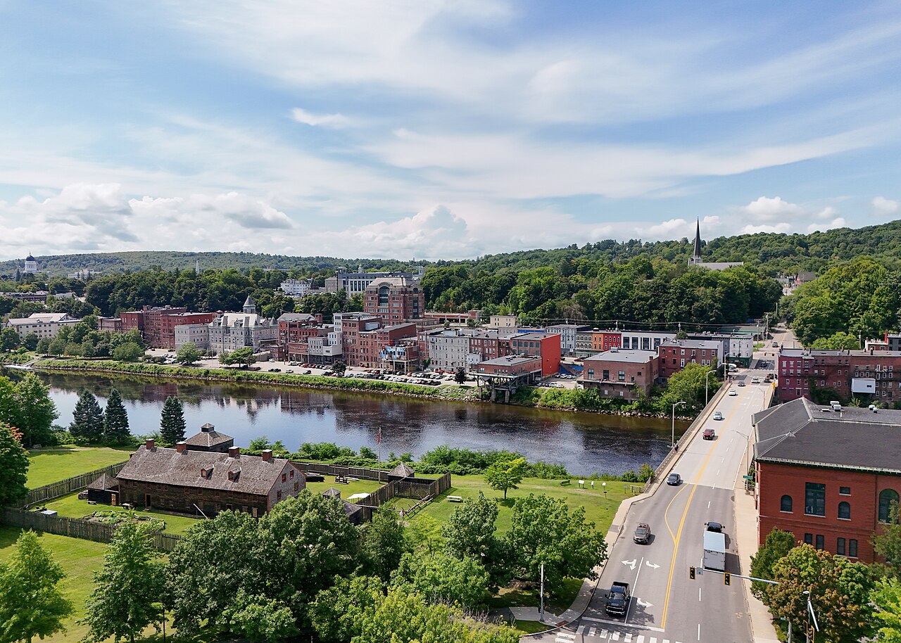 Aerial view of downtown Augusta, Maine, along the Kennebec River