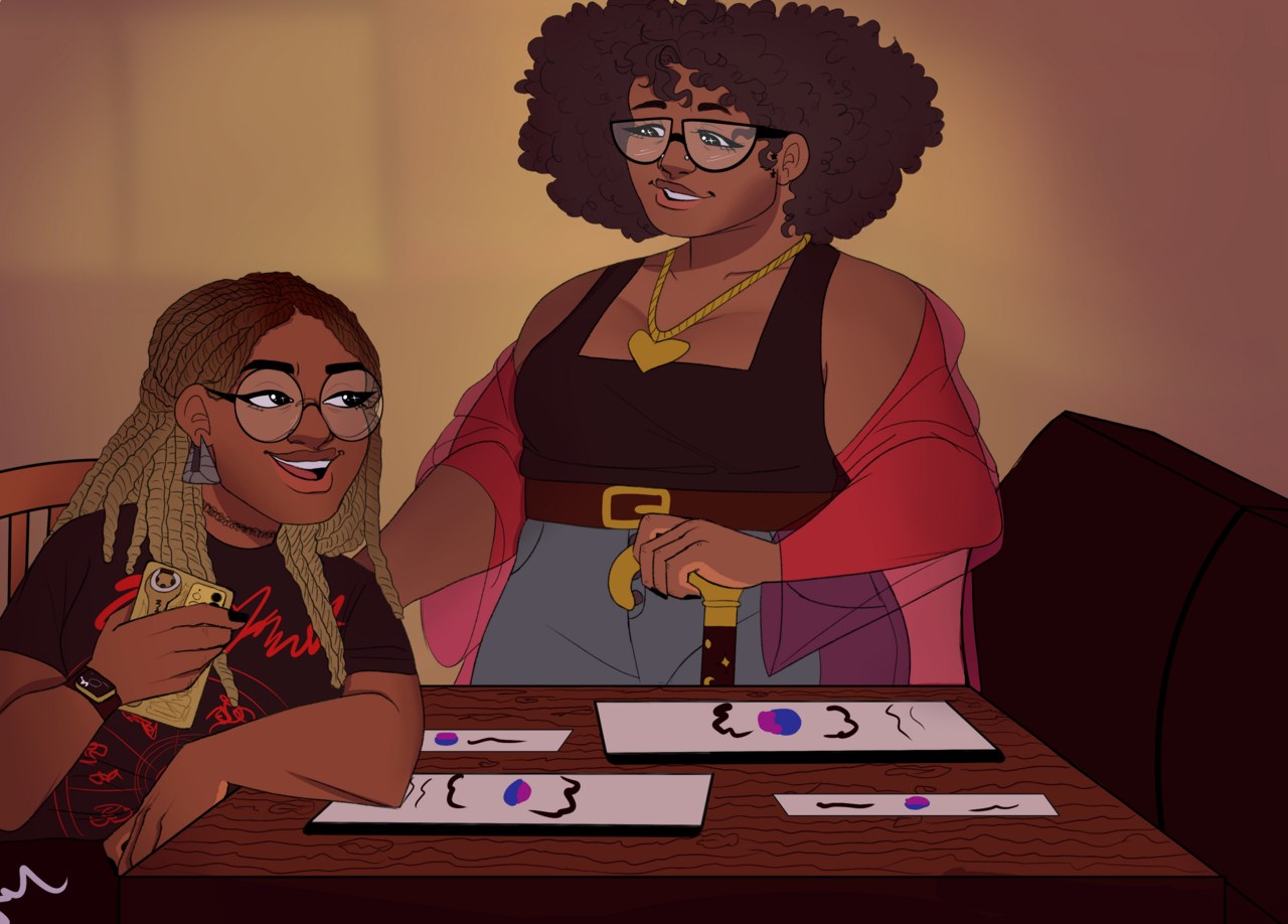 Illustration of two friends at a restaurant table, one holding a phone and the other standing with a cane