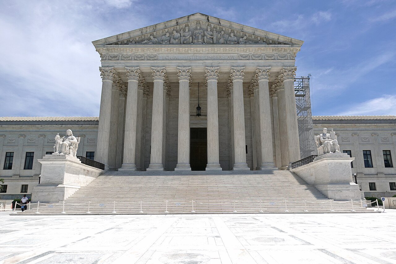 The white marble front of the U.S. Supreme Court Building in Washington, D.C., with its columns and steps
