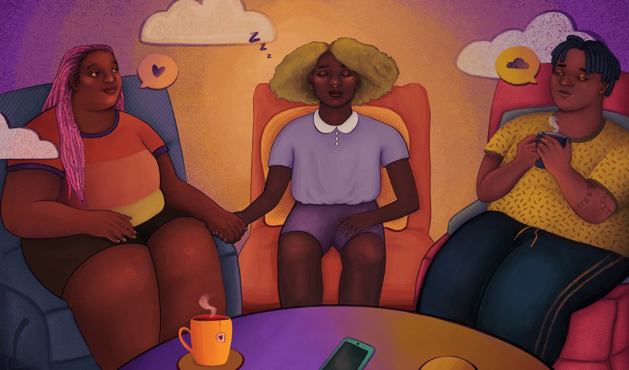 Illustration of three friends relaxing in recliners and holding hands